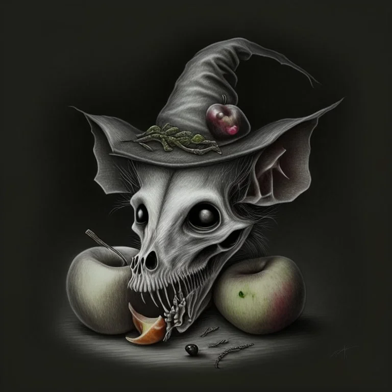 Realistic drawing of a Rat Skull with a Witch hat, Skull has ghost eyes and is eating from a poison apple.