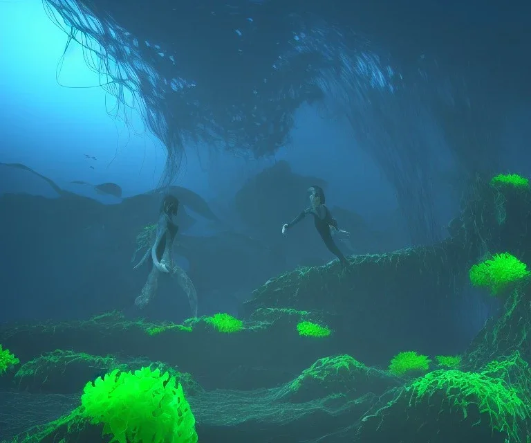 Kelp forest, 3d render, Hyper realism, school of bioluminescent fish, avatar, humanoid swimmer with harpon