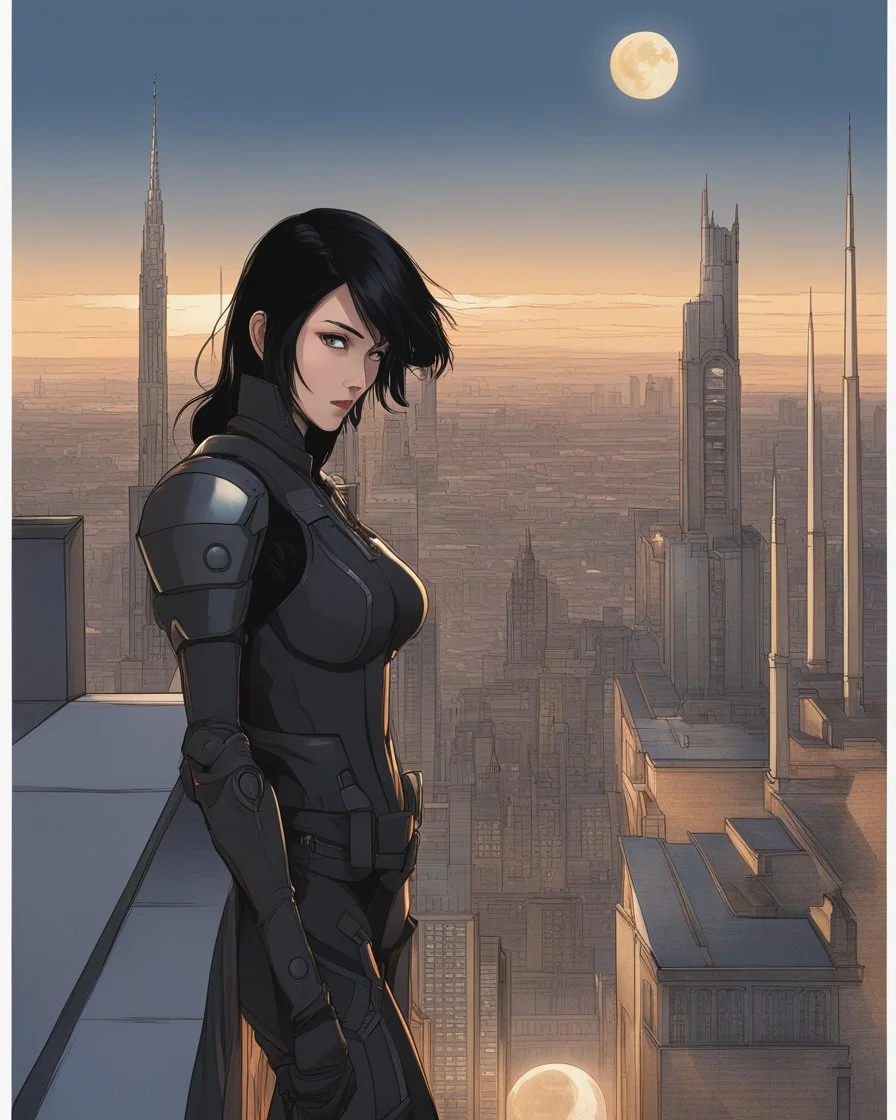 A slim Woman With Black Hair, Wearing an android-looking suit, standing sideways On a ledge of a building, with a waning moon Behind Her Head, towering spires and buildings highlighted by the setting sun