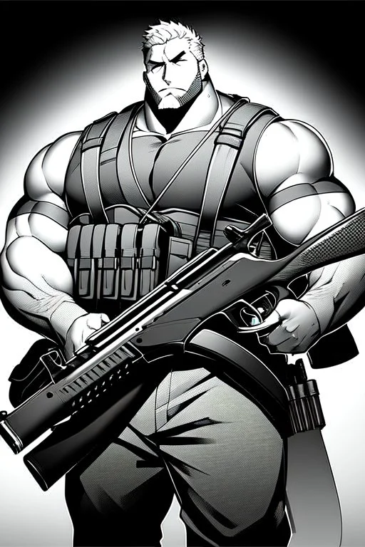 man with sawed-off shotgun, greyscale