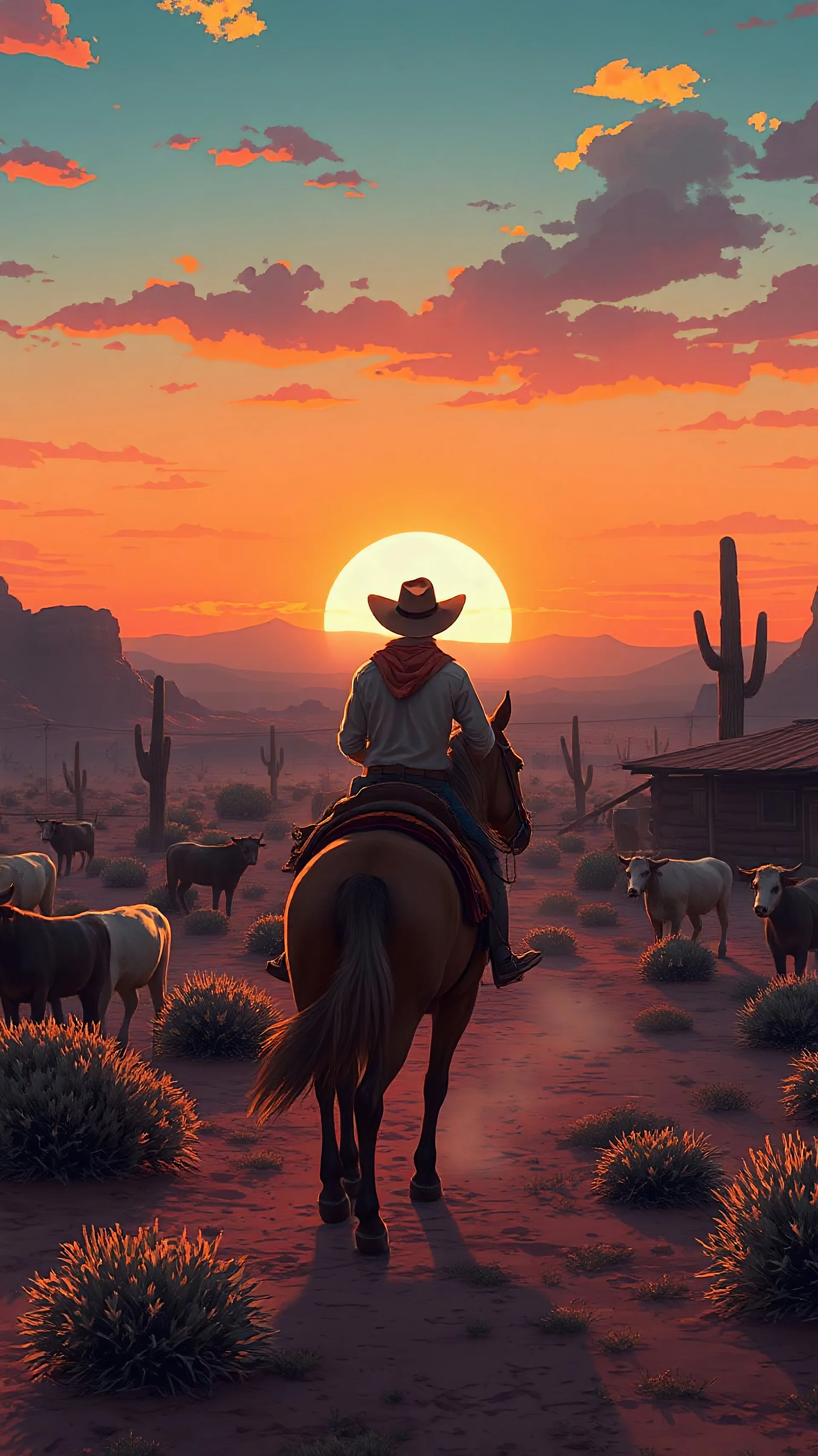 anime style, sunset, desert garden, a cowboy on his horse with cows on his bourse , cinematic view