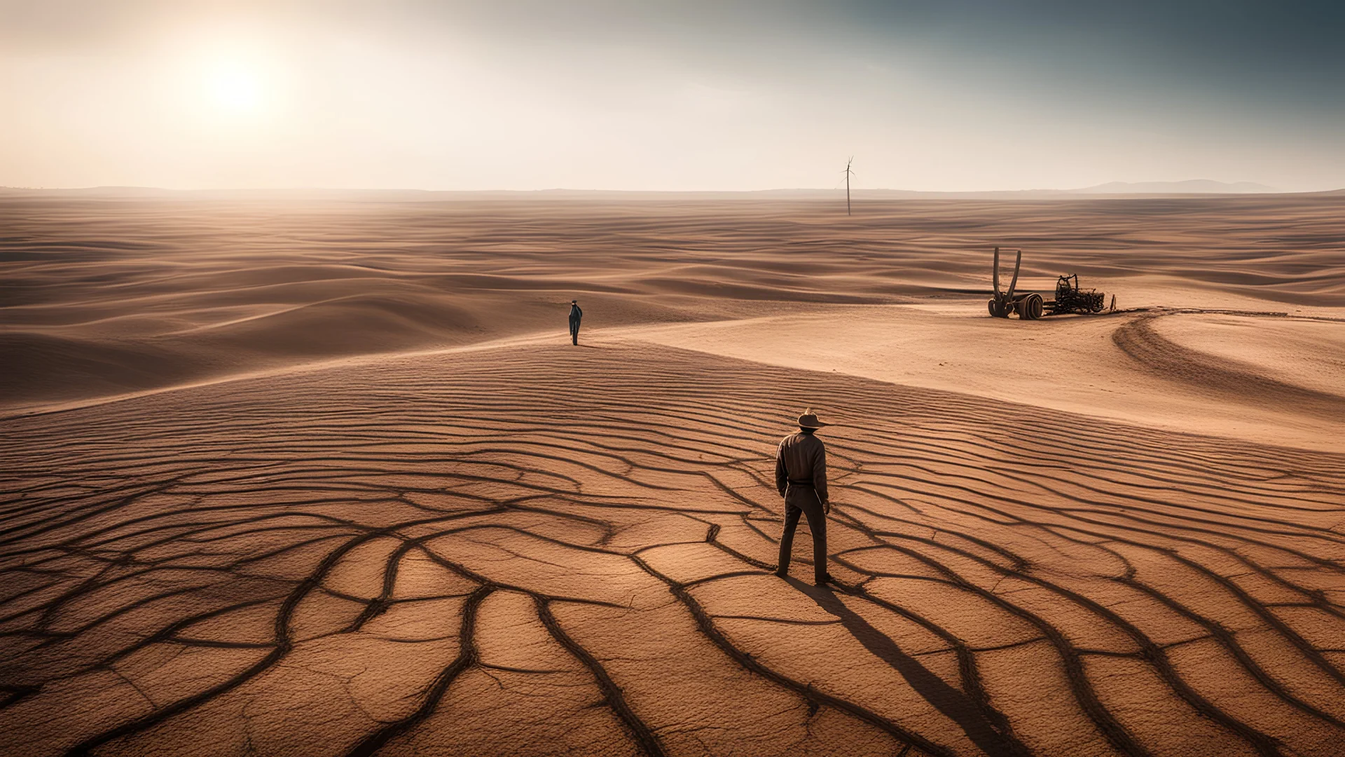 Climate emergency. An expansive farmland turned barren desert, with deep cracks running through the dry, dusty soil. Crops lie dead and withered, and abandoned farming equipment rusts in the harsh sun. A lone farmer stands in despair, looking at the parched earth. Beautiful award-winning photograph, shocking, balanced delightful composition, perfect lighting, superb detail, 16k render