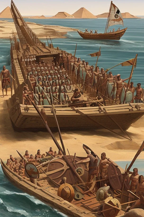 [egypt, end of Bronze Age, Philistines] Philistines' warriors on Sea peoples' ship as described by Wachsmann, in To the Sea of the Philistines.