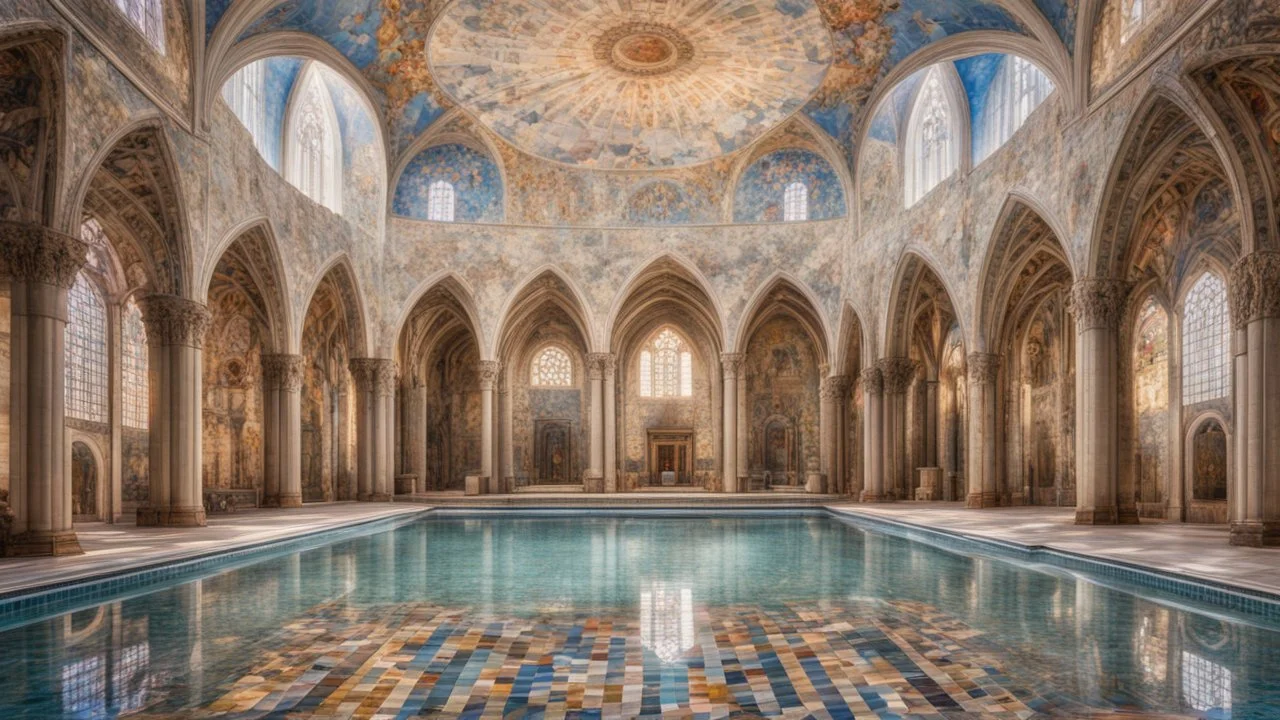 Superb symmetrical pictorial multicoloured mosaic floor, swimming pool, bathers, swimmers, water feature, walls with pictures of bathers and swimmers, symmetrical cathedral style high ceiling, relaxation, romance, luxury, dream world, calm beauty, perfect symmetry, fantasy world, magic, beautiful symmetrical composition, exquisite detail, 85mm lens, adjust perspective, chiaroscuro, night, darkness, dramatic lighting