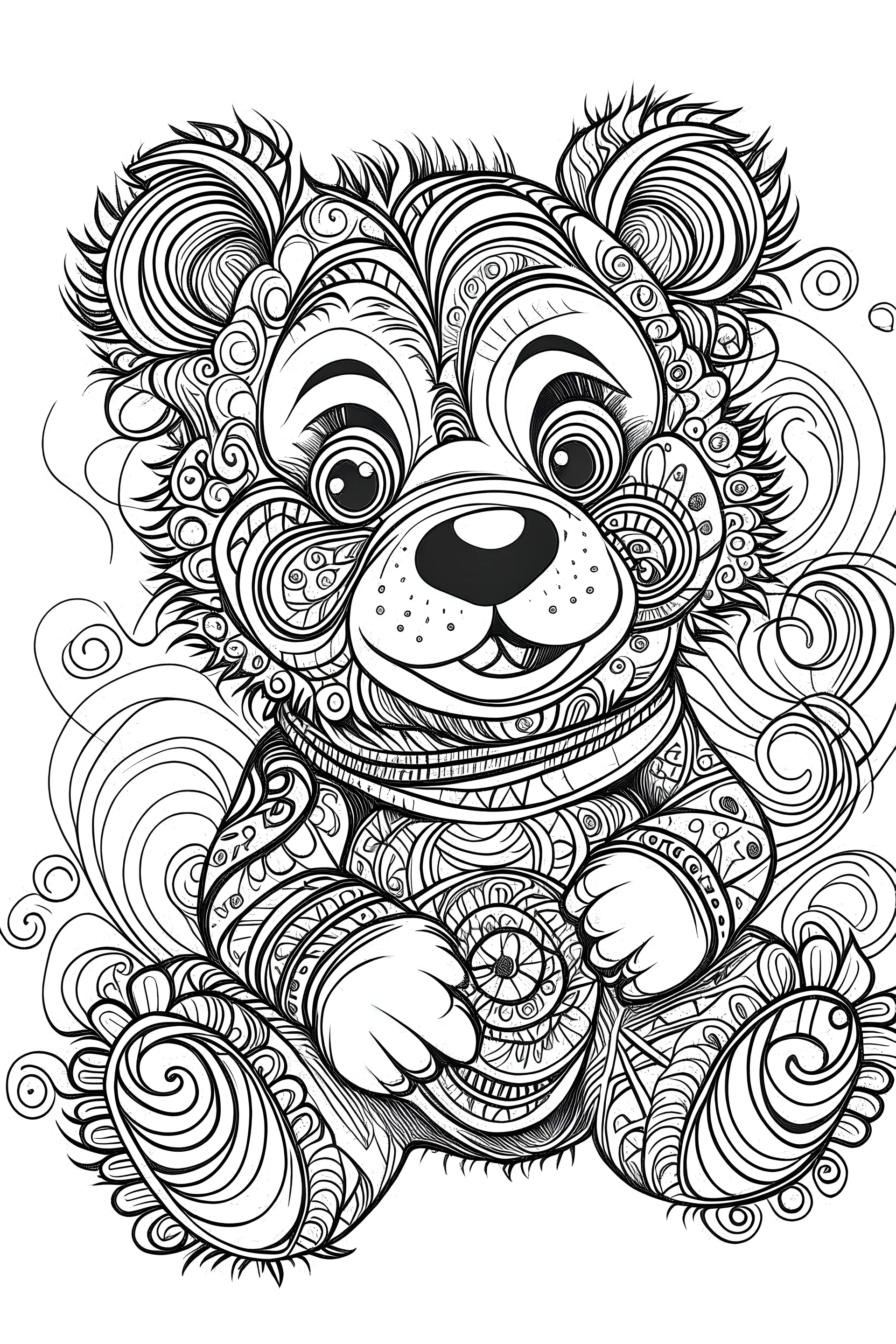 Outline art for coloring page, GYPSY LAUGHING TEDDY BEAR TOY, coloring page, white background, Sketch style, only use outline, clean line art, white background, no shadows, no shading, no color, clear