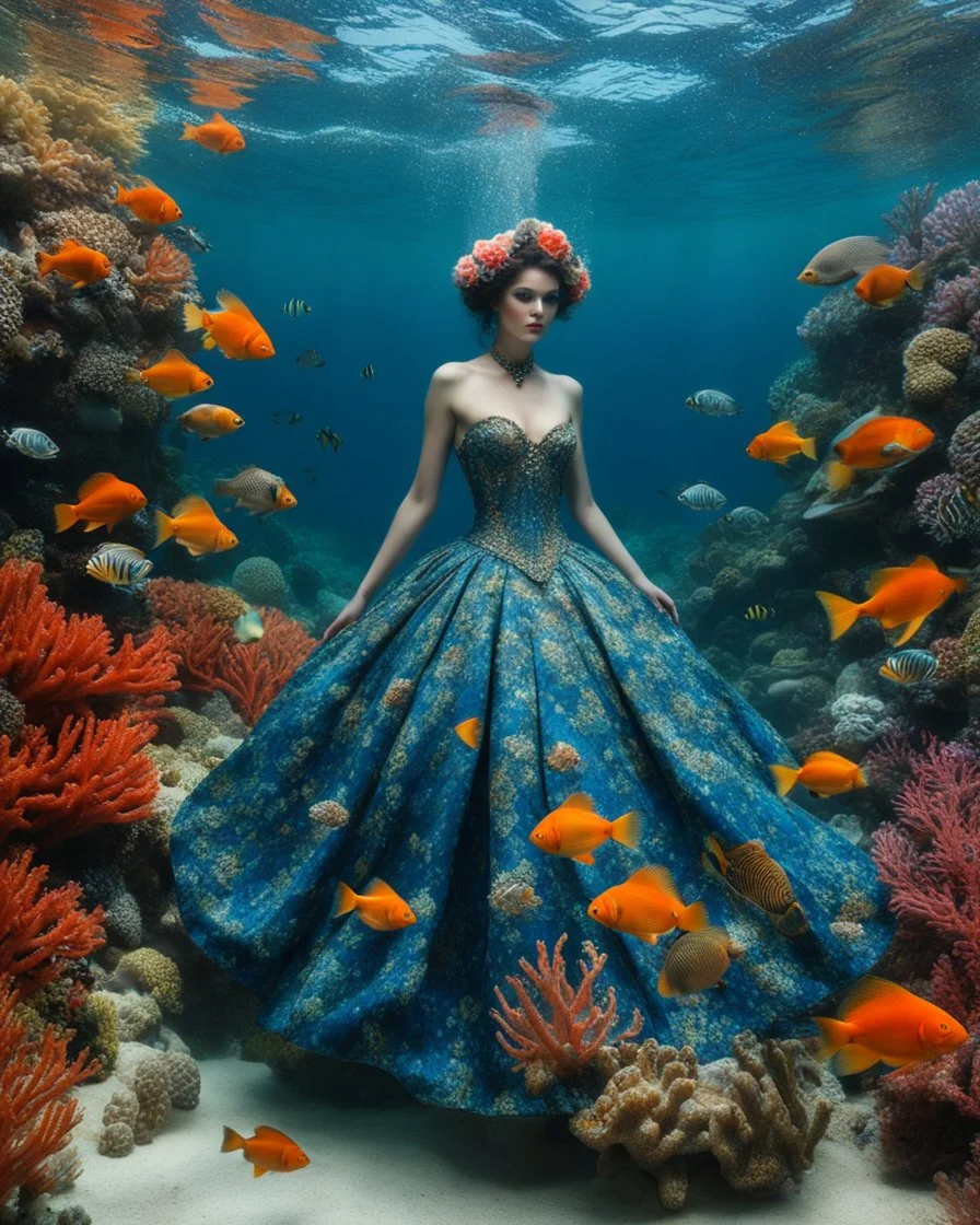 Gorgeous Photography Super model Beautiful Queen Luxury Dress Queen Victorian full diamonds pattern ,She Walk in An underwater scene teeming with colorful coral, full many clownfish, and gentle sea turtle