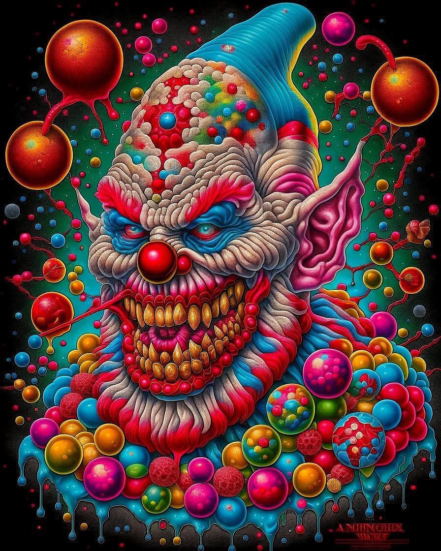 Monster Clown made of ice cream, candy, gum drops, sprinkles tattoo design, traditional tattoo style, t-shirt design, fantasy art, digital painting, clean dark background, 8K by R. crumb, Todd Schorr, Robert Williams, Alex Alemany