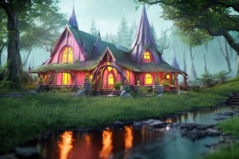 Magical fantasy elven house forest rivendell tree flower pink green yellow beautiful nature river