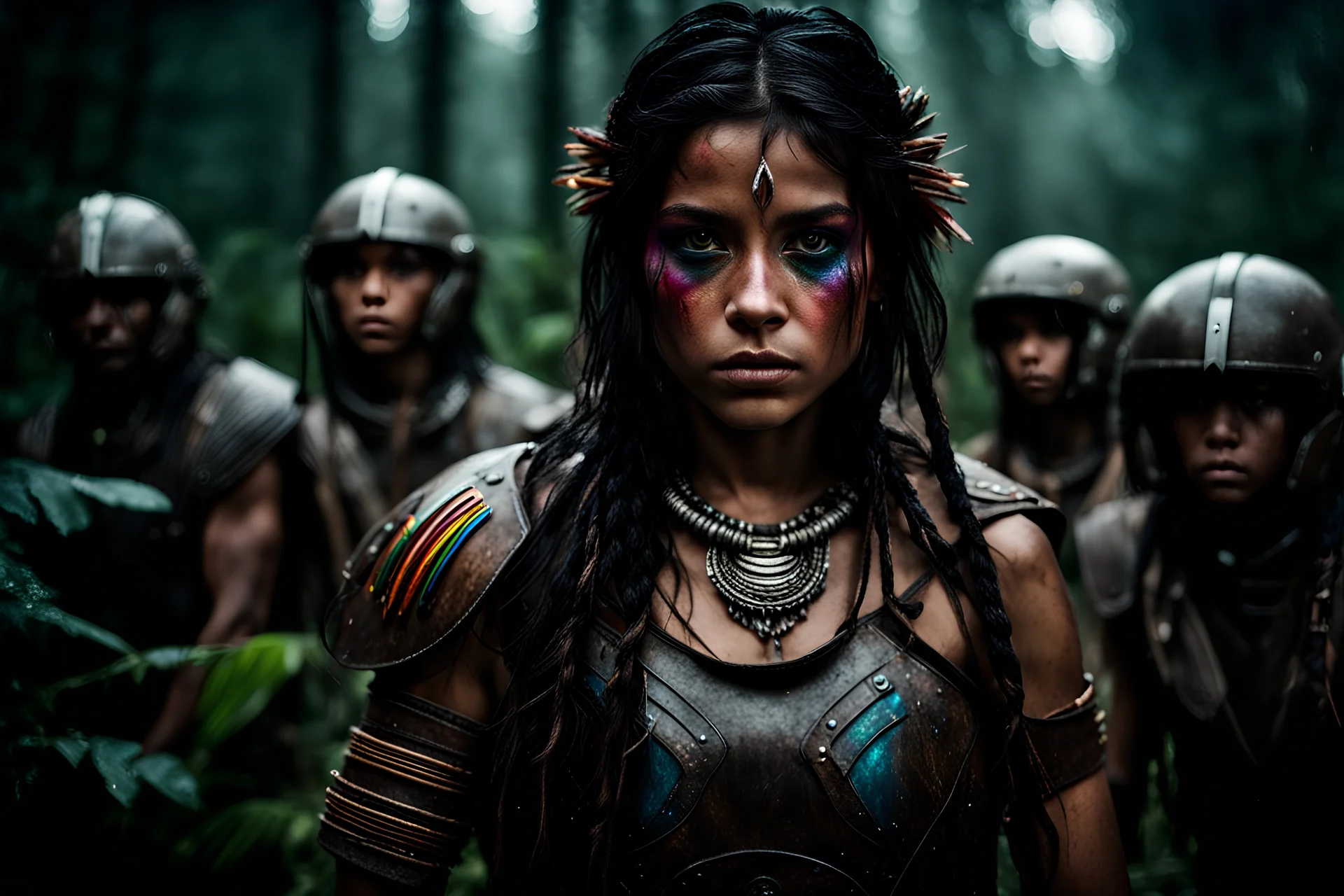 Photoreal Beautiful girl, tribal warrior, rainbow eyes, strong, sad, resilient, defiant, full body, rain forest, with family of 5 beside her, defending, Masterpiece, best quality, cinematic lighting, futuristic, standing in front of crashed spaceship, tough stance. forgotten realms fantasy style by lee jeffries, otherworldly creature, in the style of fantasy movies, shot on Hasselblad h6d-400c, zeiss prime lens, bokeh like f/0.8, tilt-shift lens, 8k, high detail, smooth render, HDR,