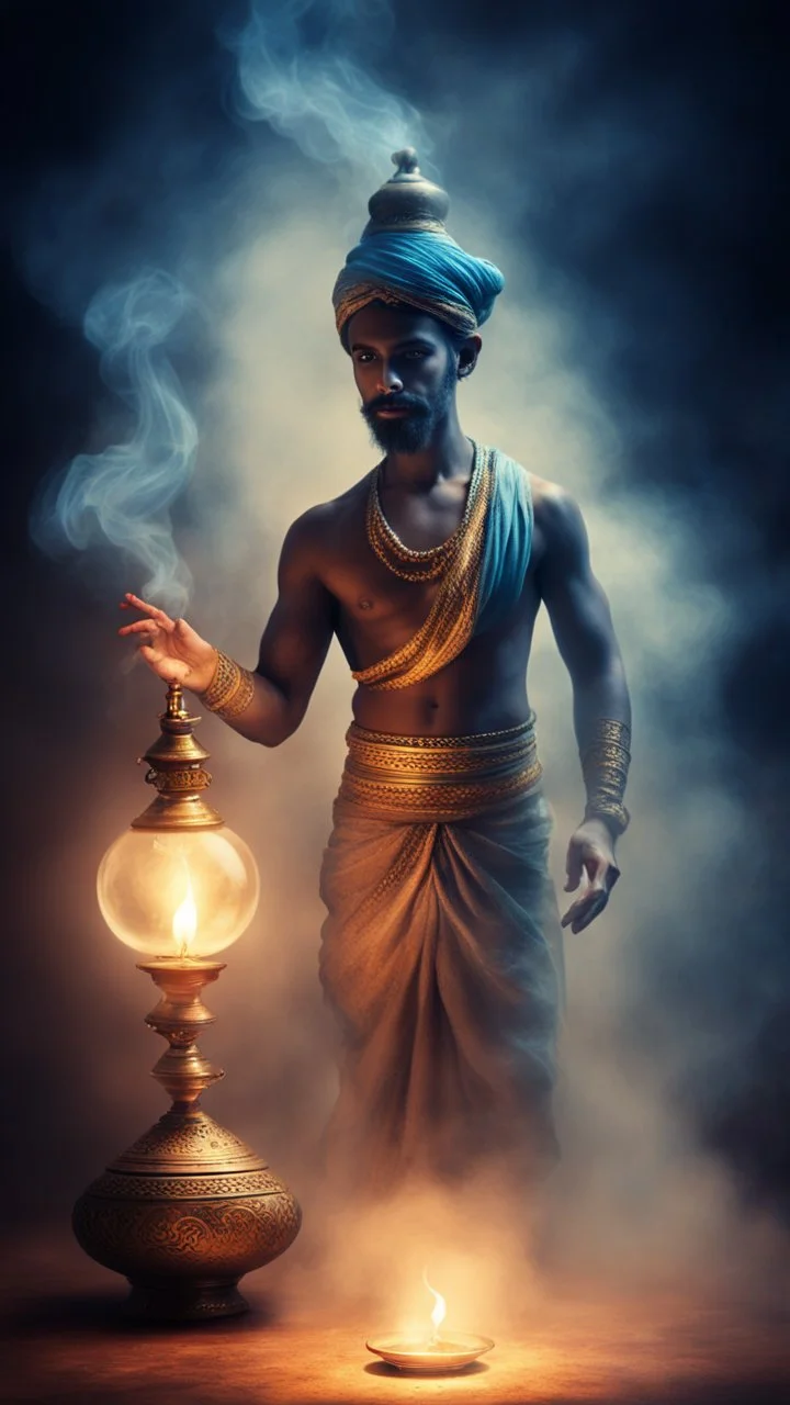 The aladin genie out the oil lamp Smokey ethereal, heavenly background