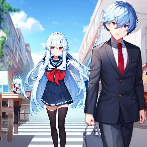 Clear focus, High resolution, long fluffy light blue hair, hair between eyes, long locks, wearing a sailor uniform, wearing a sailor skirt, long black socks, 1girl, cartoon, cute, UNFOTABLE studio, red tie, walking, outside setting
