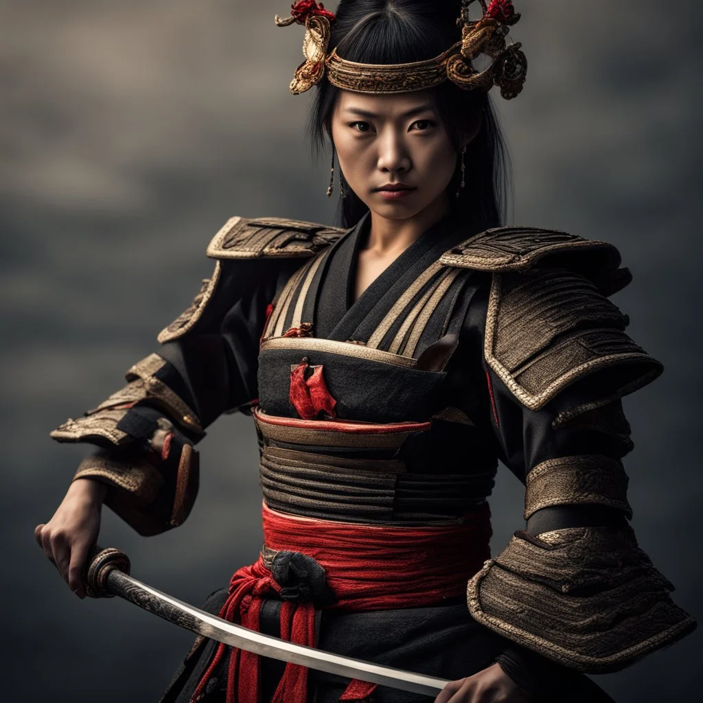 Behold the powerful alluring and pretty Japanese samurai woman, her body adorned with the traditional samurai costume, HDR, beautifully shot, hyperrealistic, sharp focus, 64 megapixels, perfect composition, high contrast, cinematic, atmospheric, moody