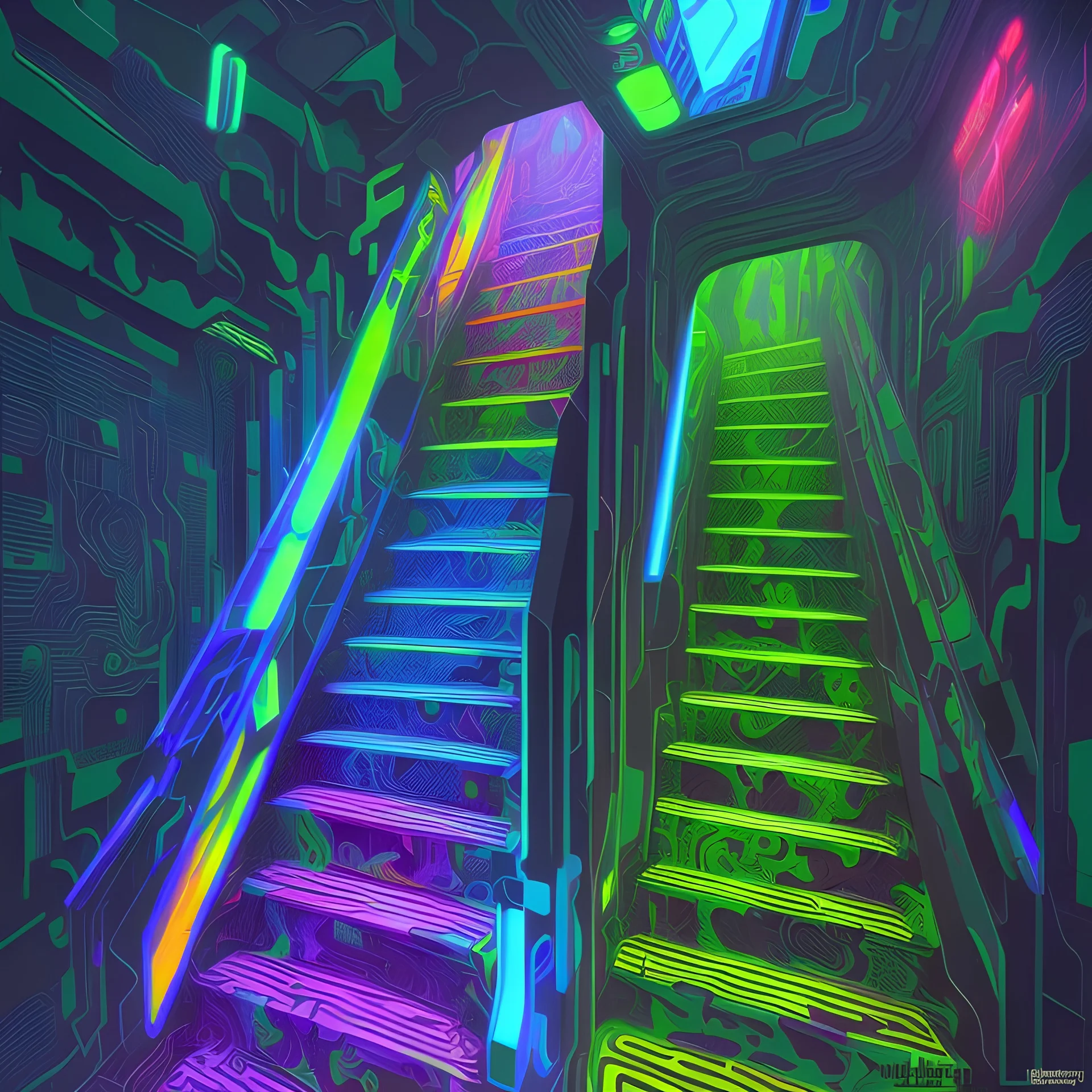 colorful modern bold camo illusion cyberpunk neon stairs