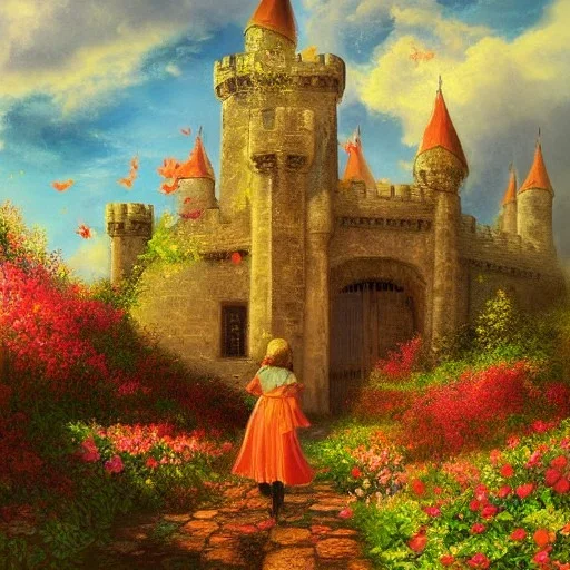  Castle into sky, with flowers of fire. Green clouds and birds. Shy girl going out of the main gate. Detailed painting, sharp color, medieval, intricate detail, far sceen, realistic colors, medieval concept art. spring.