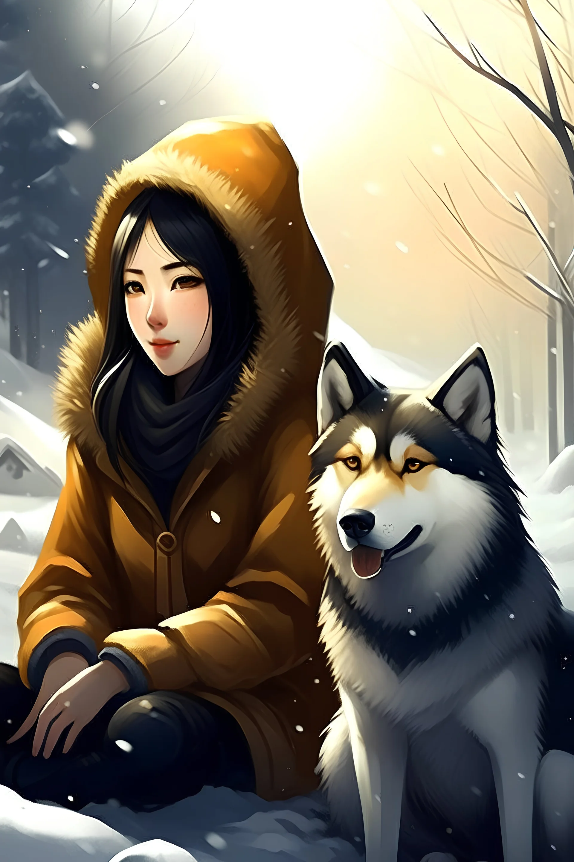 a japanese woman, medium long black hair, in her late 20s, sits next to golden shiba dog, winter, snow, we see her face, crystal, happy, digital art, 4k