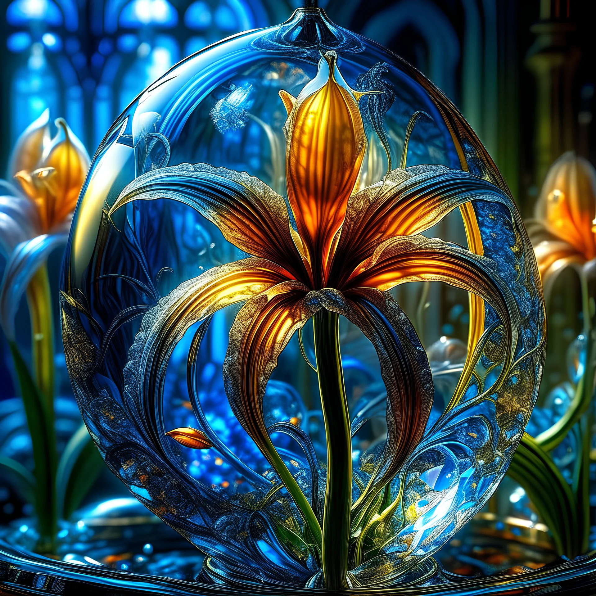 dreamscape a fully transparent Majestic glass lily flower, award winning, concept design, polycarbonate, visible quantum flowers internals art by lisa frank and karol bak and Kirsty Mitchell . surreal, ethereal, dreamy, mysterious, fantasy, highly details, dark tone, sharp focus, high contrast, 8k, incredible depth, depth of field, dramatic lighting, beautifully intricate details, clean environment, epic dynamic scene