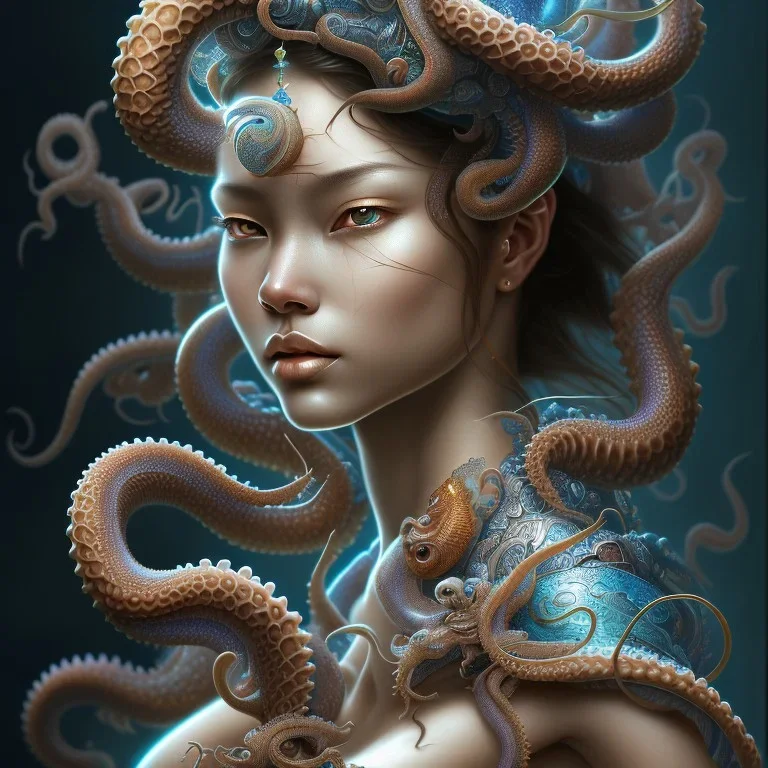 Sango fantasy, fantasy magic, intricate, sharp focus, illustration, highly detailed, digital painting, concept art, matte, art germ and Paul Lewin and Kehinde Wiley, masterpiece Indonesian lady head bronze octopus Asian African girl nice breast Thai hair turquoise silver blue waves