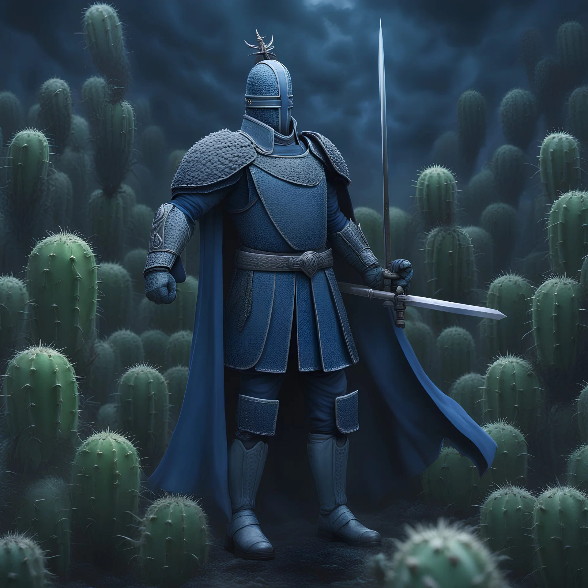 a heroic humanoid cactus without face, without hair, wearing a blue prussian officer uniform, sword in hand, background chaotic medieval battlefield with many soldiers, storm, dark sky,