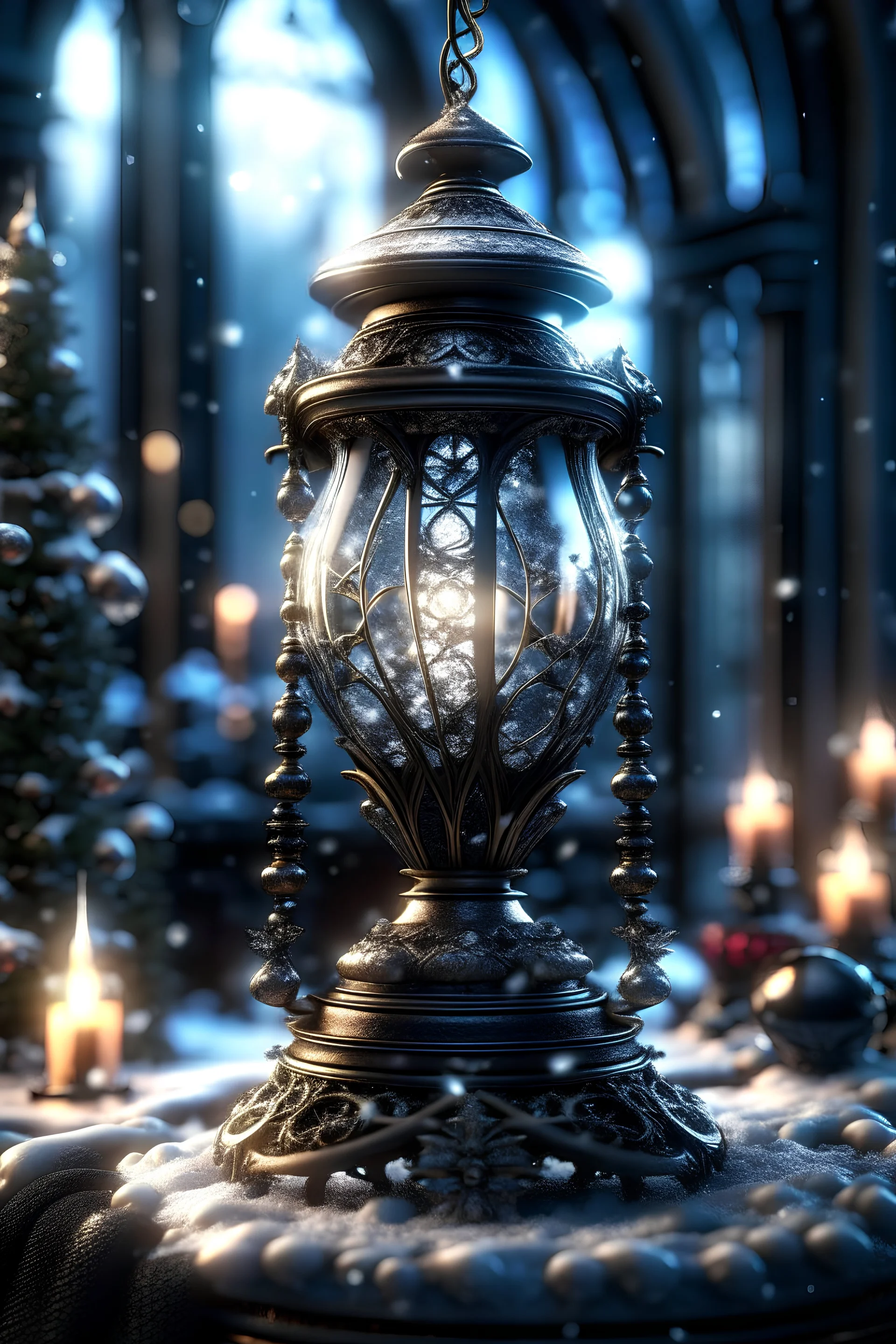 A beautiful hourglass decadent goth text portrait, in front of a snow covered christmas tree, christmas decadent goth metallic filigree ornamented hourglass embossed foral mineral stone ribbed christmas ornaments organic bio spinal ribbed detail of bokeh christmas lights background extremely detailed maximálist hyperrealistic concept art