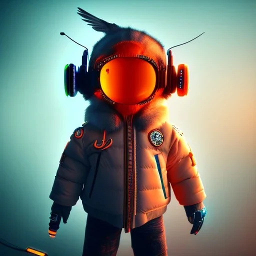 Bird toddler, smile, cyberpunk headphone, sunglass, gangsta neckless, full body, orange puffer jacket, tokio background, dramatic lighting, hyper realistic, unreal engine 5, 16k