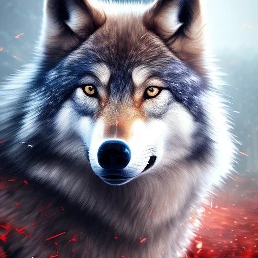 Wolf, blue, hyperrealism, masterpiece, expert, 8K, sharp focus, cinematic lighting, water, red, fire