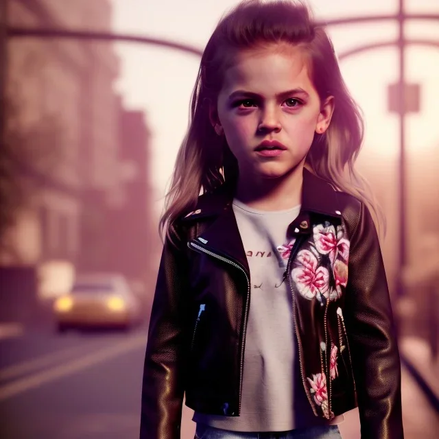 Riley keough toddler, full body, leather jacket, floral shirt, floral skirt, shoe, soft skin, city background, dramatic lighting, hyper realistic