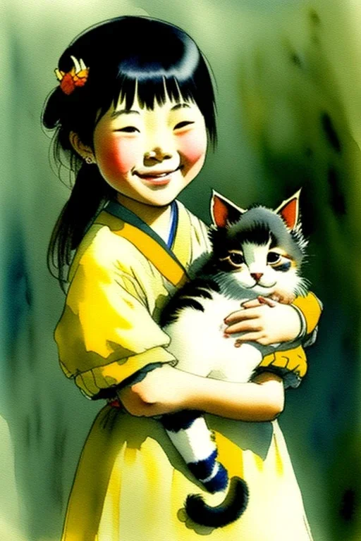 A cute smiling asian girl is holding a kitten. Watercolour