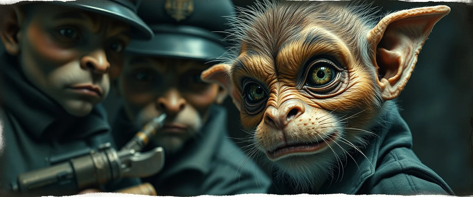 airbrush and pen outline, french art , extreme close up on cheeky fluffy weasel hairy goblin military prison guard troupe news anchor elf family scumbag , pinhole cam, airbrush 3d rendering, in the style of Titian and Rembrandt , torn edges