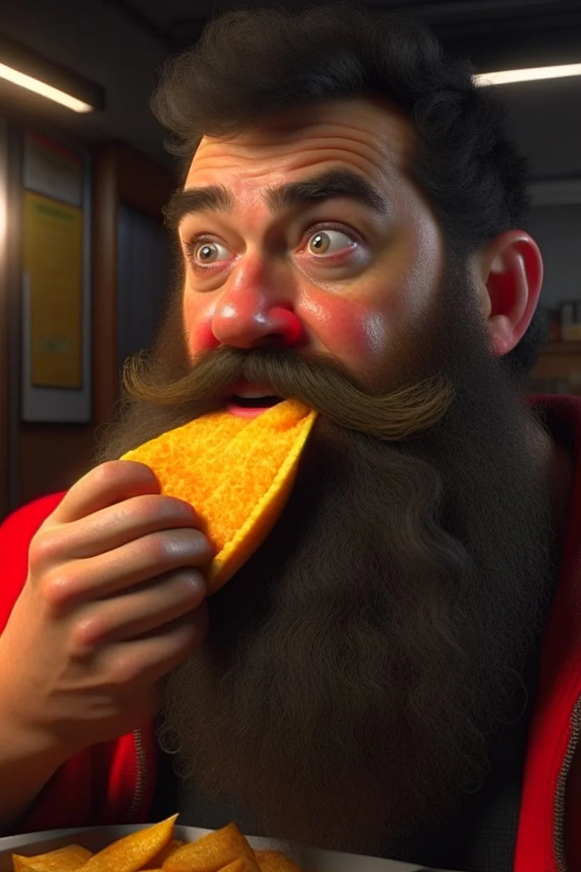 4K full realism, Karatéka bearded eating a pack of chips