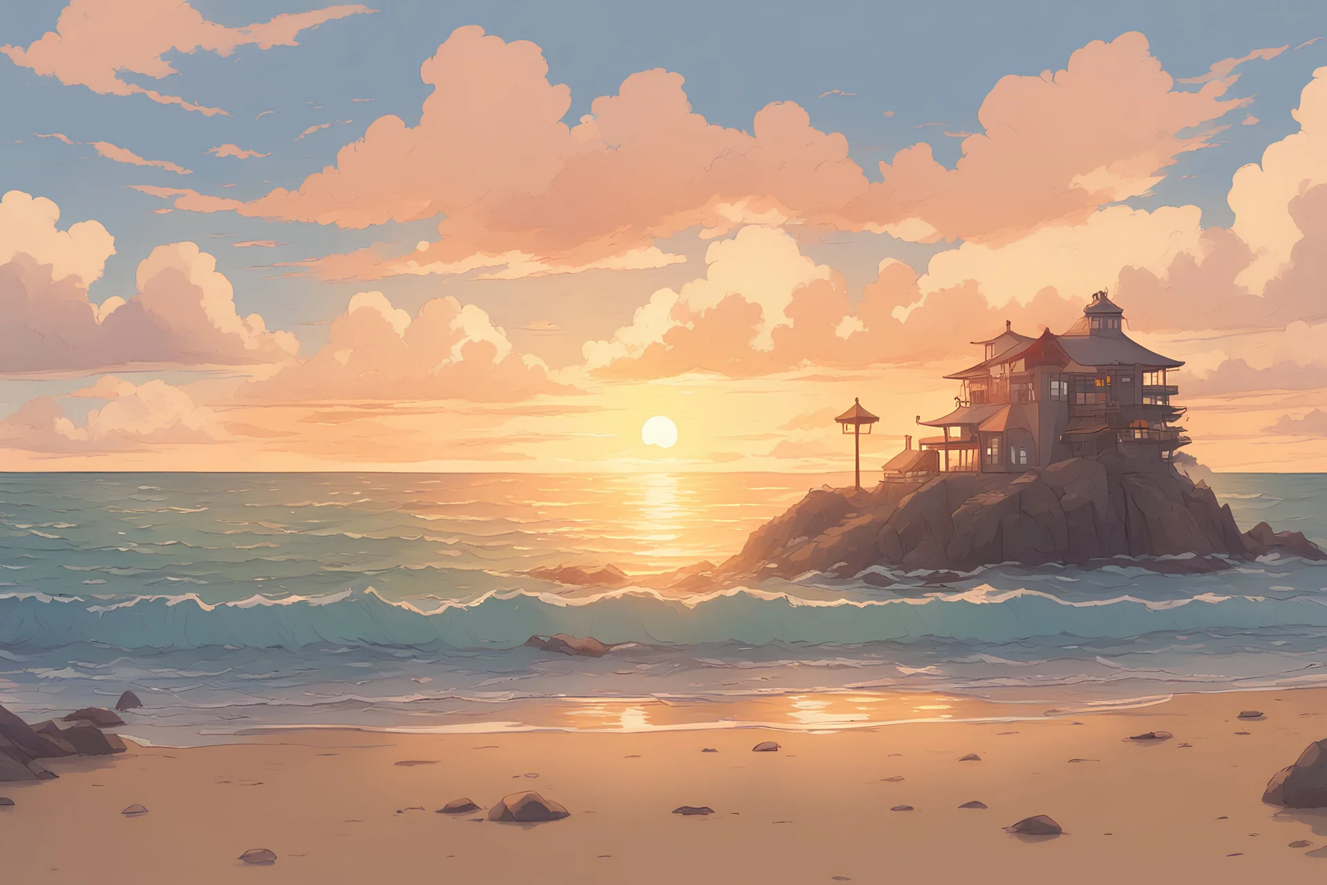 Beach, golden hour , ghibli style