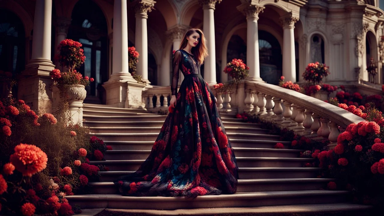 stunning fashion photo of a woman stands nice stairs best pose in extreme weird dress in garden, her is perfect beauty face, perfect full body, sunshine, , lace, deep colors, fine flower patterns, geometric, high detailed, sharp focus, stunning weird fashion, futuristic-Rococo style, best quality , professional photographer, best nikon shoot