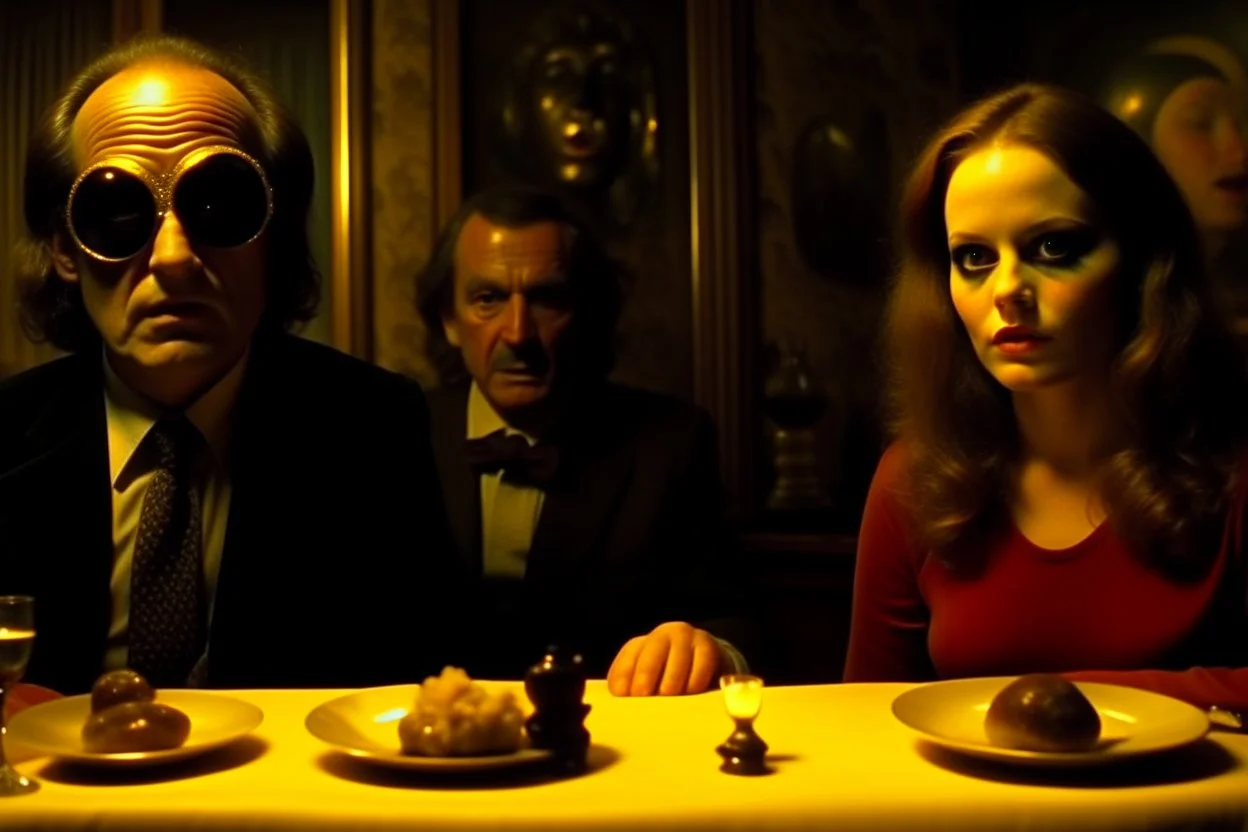 Spooky, ultra realistic distress, dining, ultra realistic hot woman, nose, giant eye on a table, organic hot bondes, bredst, dynamic, anguish, Stanley Kubrik Eyes wide shut, excited and lively scene, hypermaximalist figures, Creepy the Ring Alfred Hitchcock, Sam Raimi, insanely detailed, sinister, John Carpenter, Dario Argento, ornate