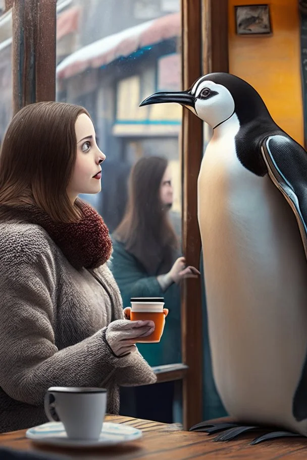 young woman talk to a penguin in coffee-shop