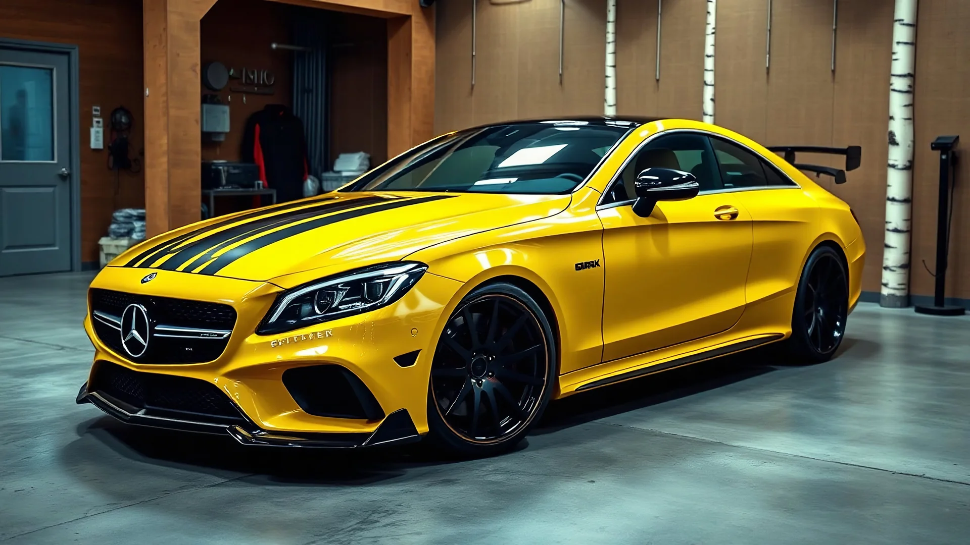 A tuned Mercedes-Benz CLS 550 Shark Yellow with black stripes parked in a luxury garage with a birch theme