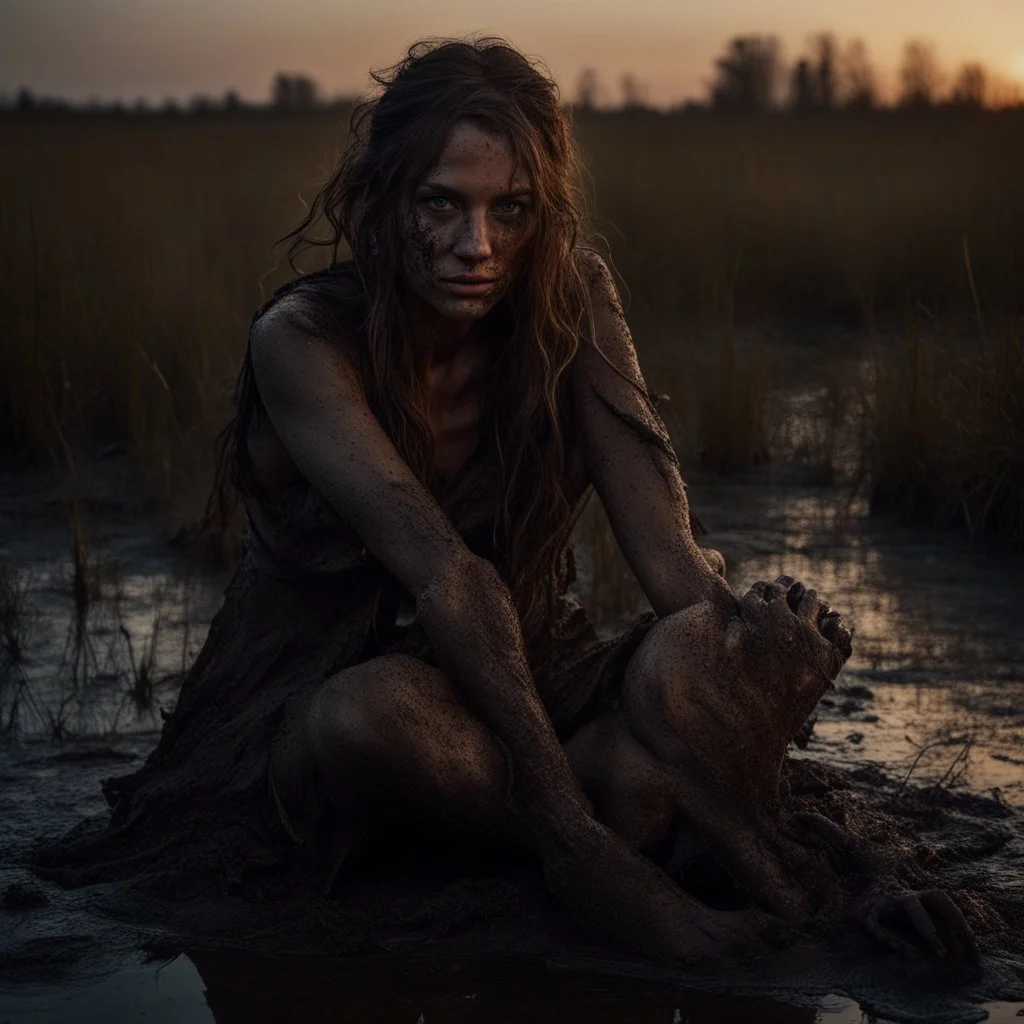 Beautiful female stringy dirty model partially covered with mud is sitting in the mud in a swampy moor, golden hour, an eerie apparition with a wolf appearing in the background, Highly detailed Portrait, 4k, 35mm, professional photography, natural light