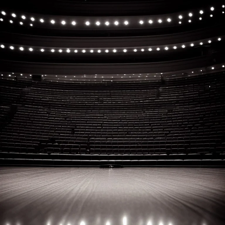 a single chair on stage under spotlight close up view facing empty audience at a dark and empty symphony hall