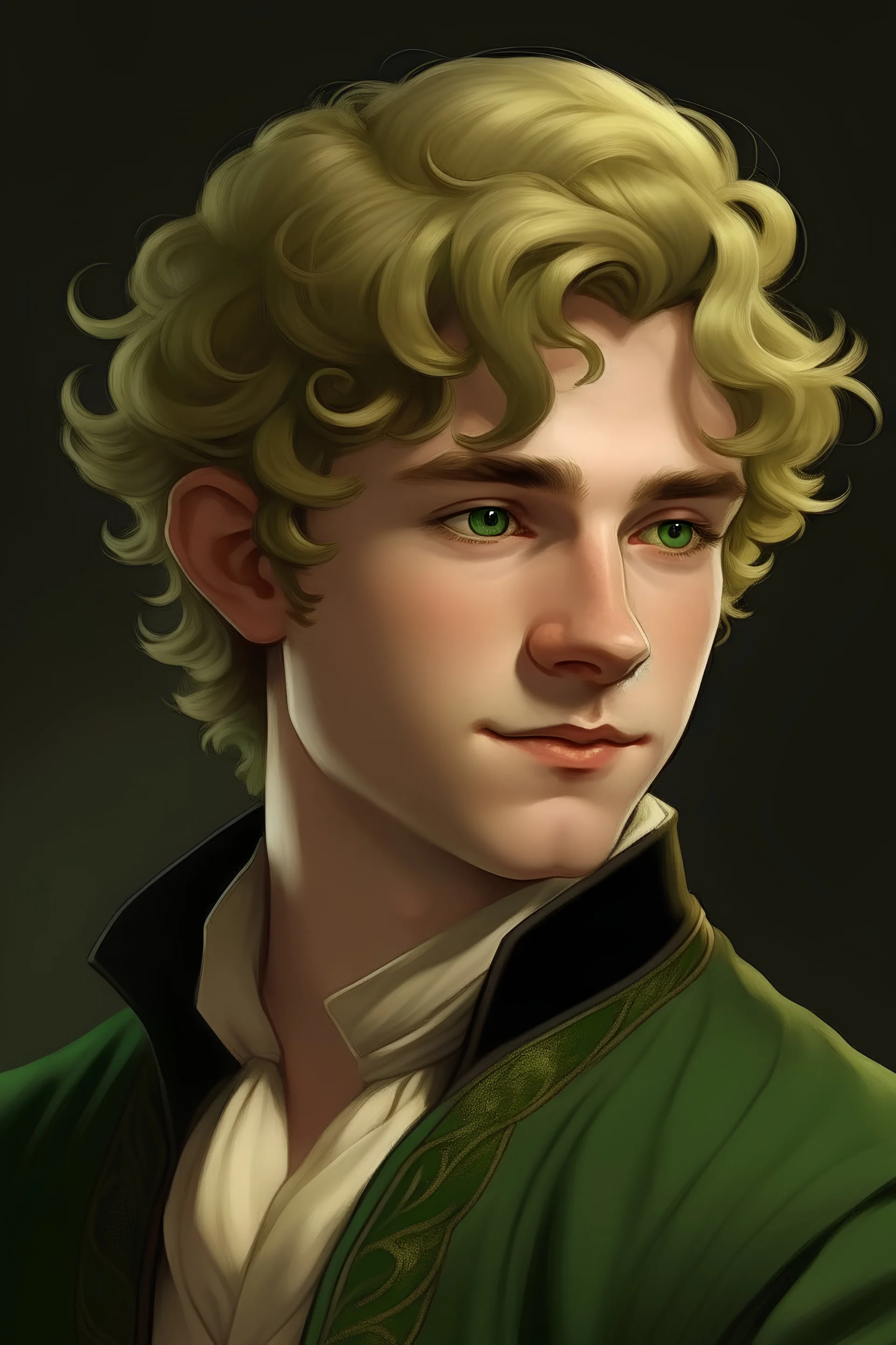 young foppish regency era bard with short curly blond hair and green eyes male