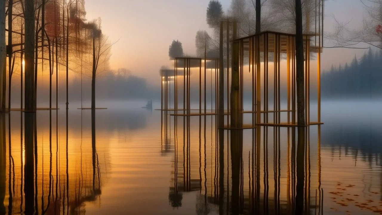 An architectural work on a misty lake at dawn, with vertical poles of weathered wood supporting inhabited cubicles encased in glass and glowing opalescent spheres, with autumn foliage reflecting in the water.