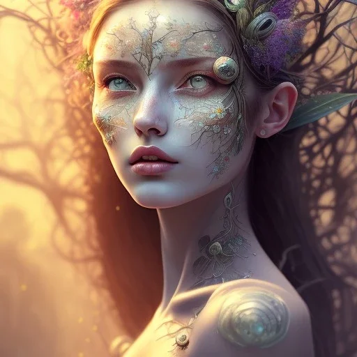 Portrait of beautiful girl, plant, metal, feathers, Dryad, fae, sidhe, ominous, nature, plants, wildflower, facepaint, dnd character portrait, intricate, oil on canvas, masterpiece, expert, insanely detailed, 4k resolution, retroanime style, cute big circular reflective eyes, cinematic smooth, intricate detail , soft smooth lighting, soft pastel colors, painted Renaissance style,bokeh, 800mm lens