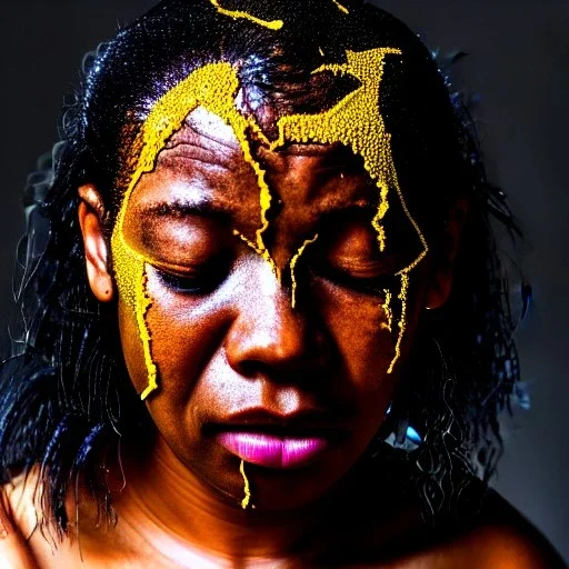 a brain exploding. kintsugi. Chaos. Portrait of a young black woman crying.a mind fracturing.confusion. Tears the colour of oil. Depression seeping out of her eyes nose and mouth like a oil spill