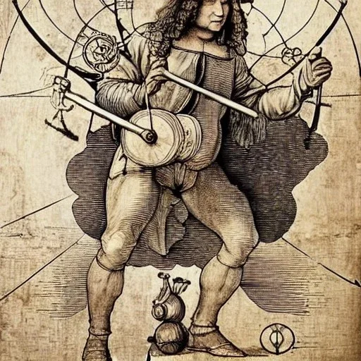 leonardo da vinci, crazy, playing drums, steampunk, art nouveau, art renaissance