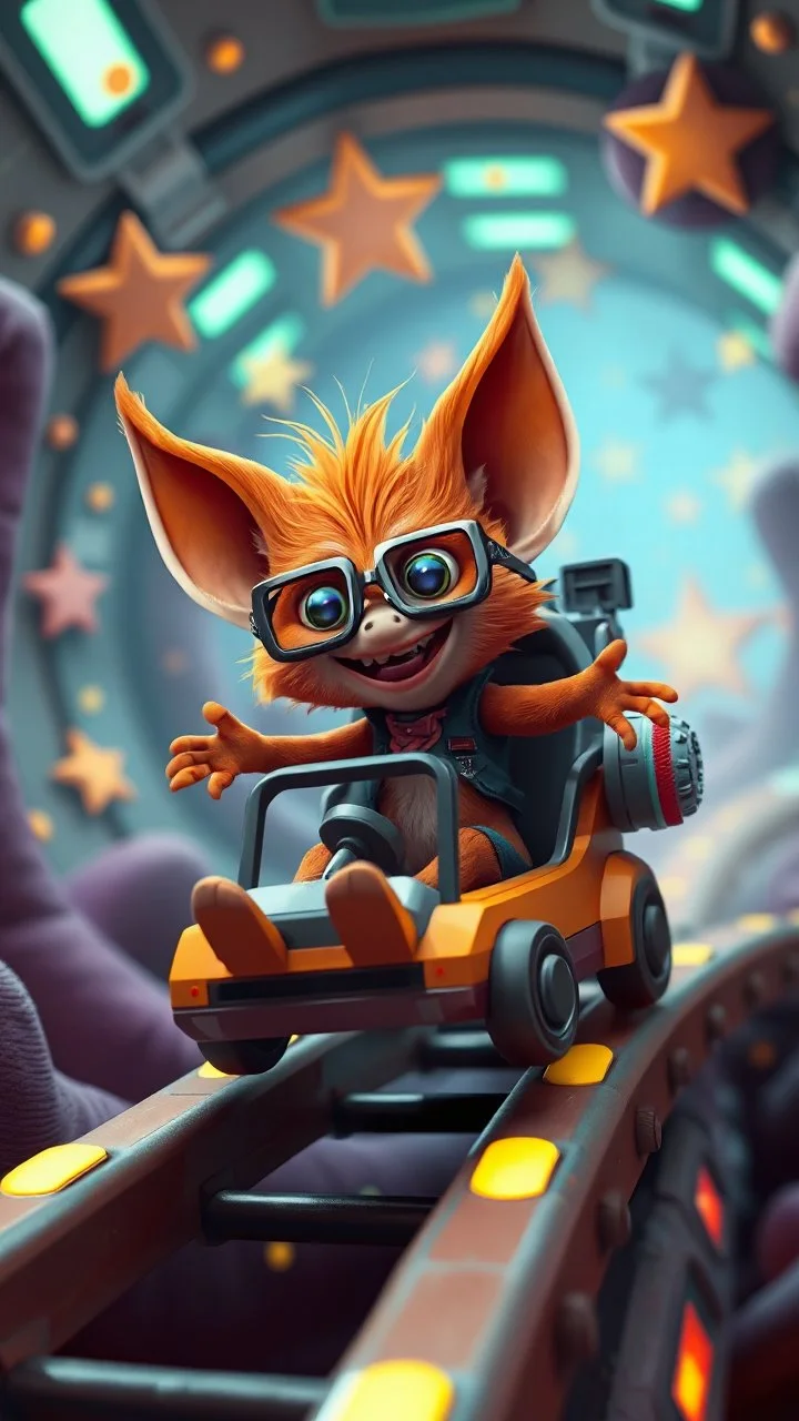 big ass space hairy hi tech alien cowboy gremlin orange laughing fox with glasses in tiny cart chair jumping round in space in a weird living space camper ship driving down weird twisted tube track in space station jungle, spell jammer, Pixar-inspired, expertly crafted in a whimsical and vibrant cartoon style. is masterfully rendered in a lifelike 3D design, which captivates viewers with there irresistible charm. The background is filled with warm, inviting colored stars and a 3D render