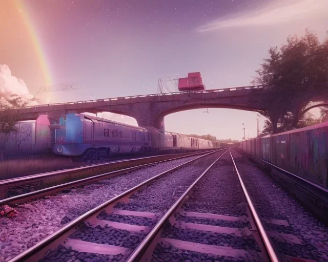 train with graffiti on a rainbow track in outerspace, planets in the background, steam bubbles from chimney, galaxy