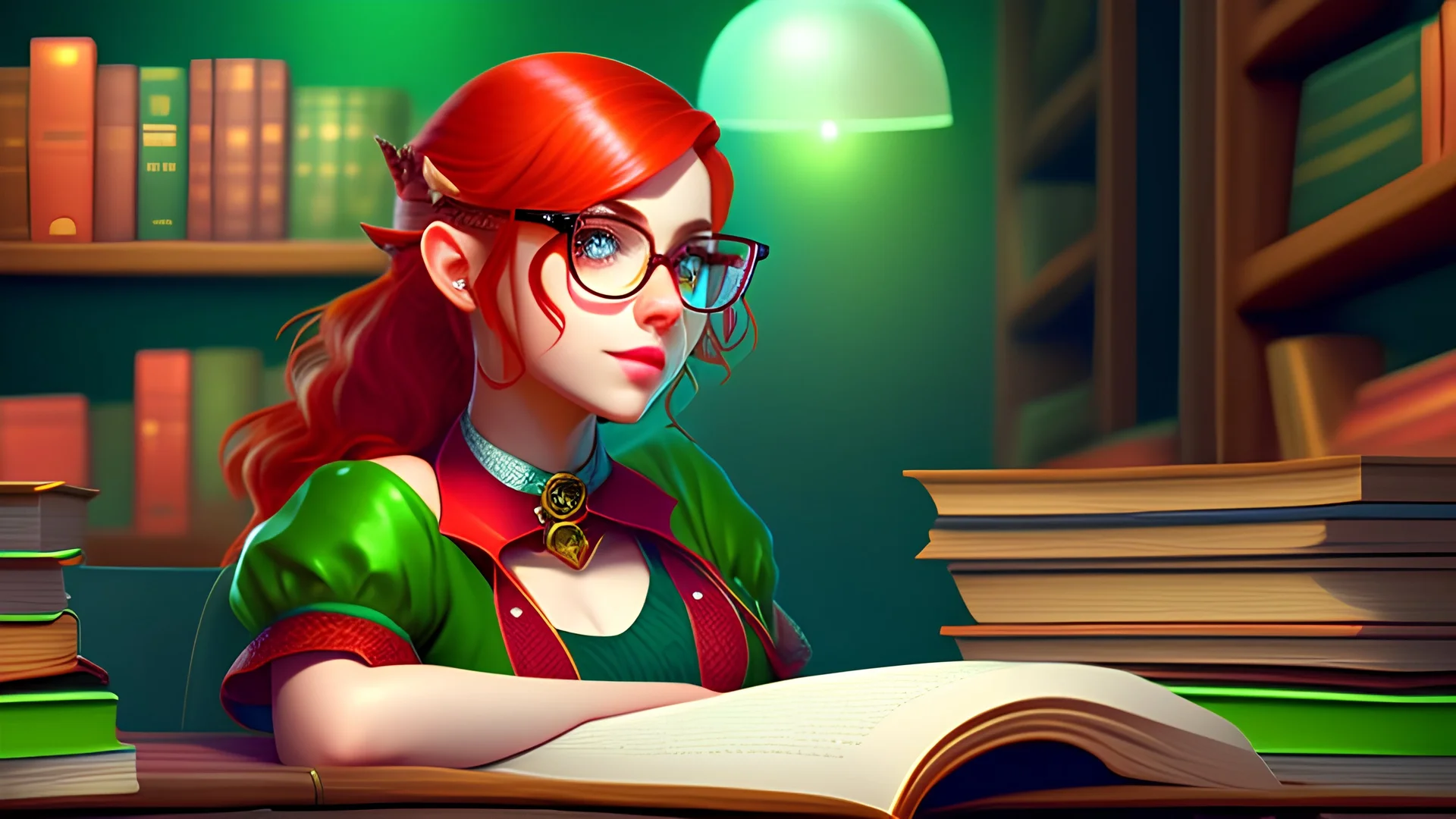 young elf woman, short shoulder length bright red hair, green eyes, freckles, shy, timid, nerdy, bookish, cute, natural beautiful, glasses, choker, skirt, spell caster, posing, resting over a desk, magic, library background, full body