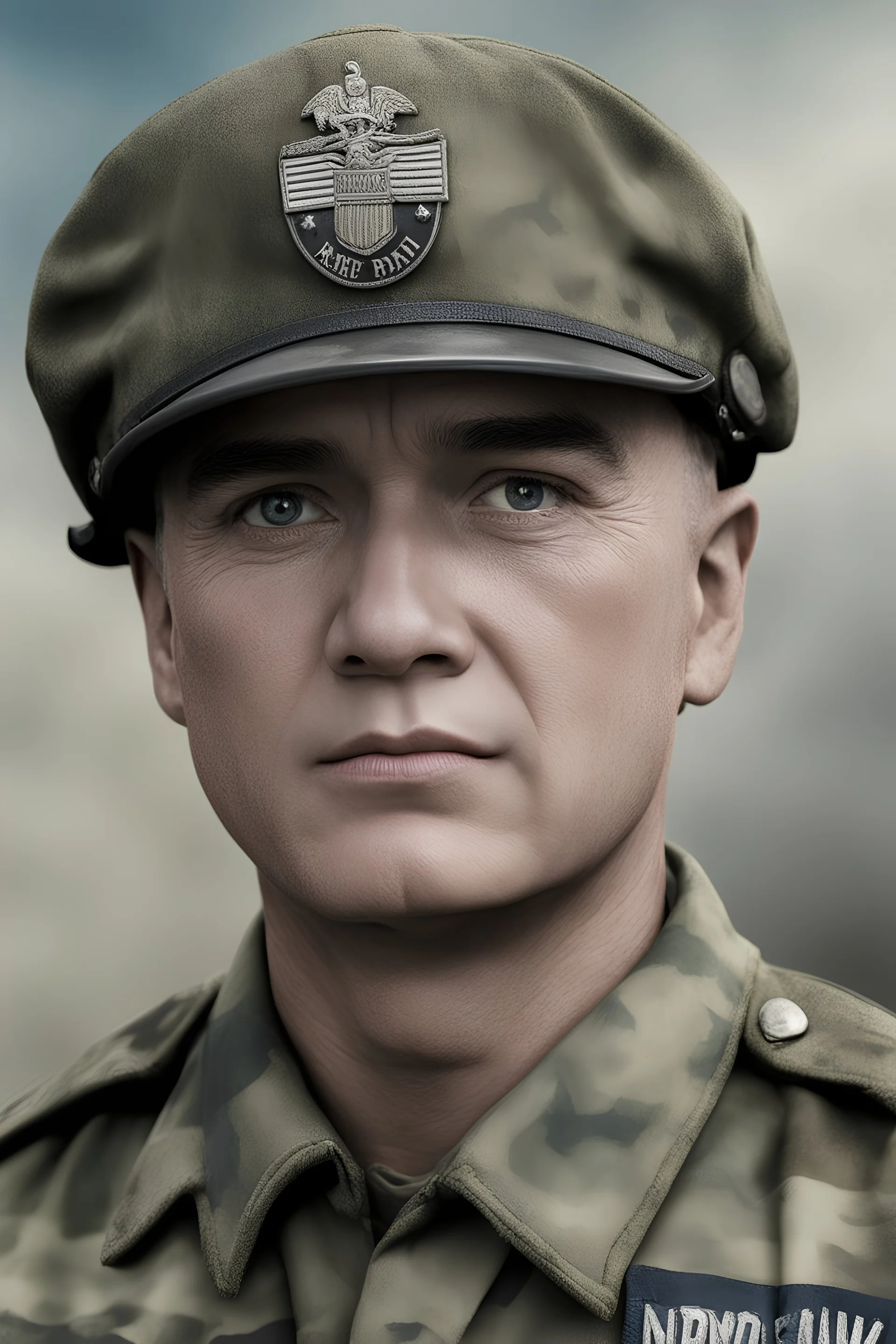 facial portrait - Band of Brothers, Technical Sergeant Donald Malarkey, WWII camouflage battle dress uniform, Professional quality full color photography by Ansel Adams - 4k UHD, Ultra-realistic, Hyper realistic, Photorealistic, Realistic, absolute Reality