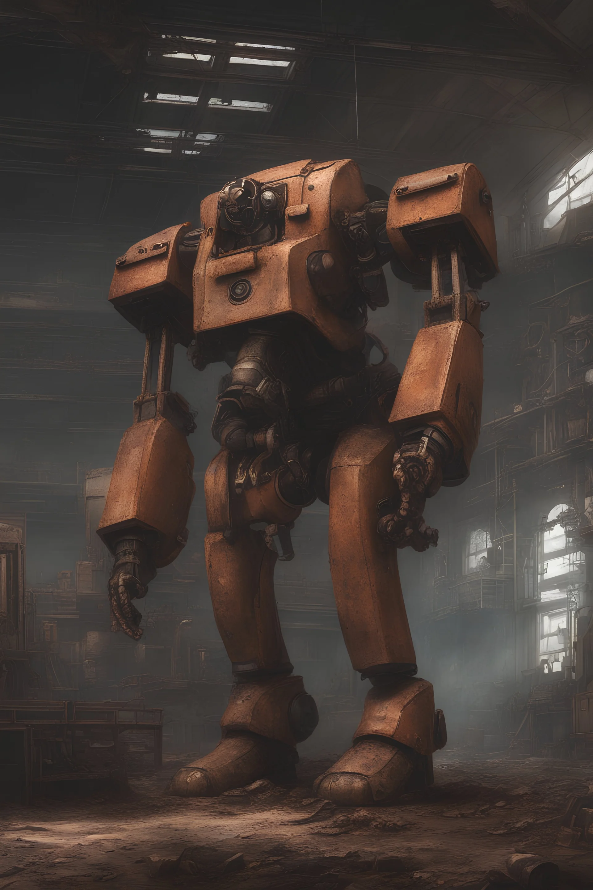 anthropomorphic giant rusty worker industrial mech, gauss gun in hand, mars, realistic, low gravity