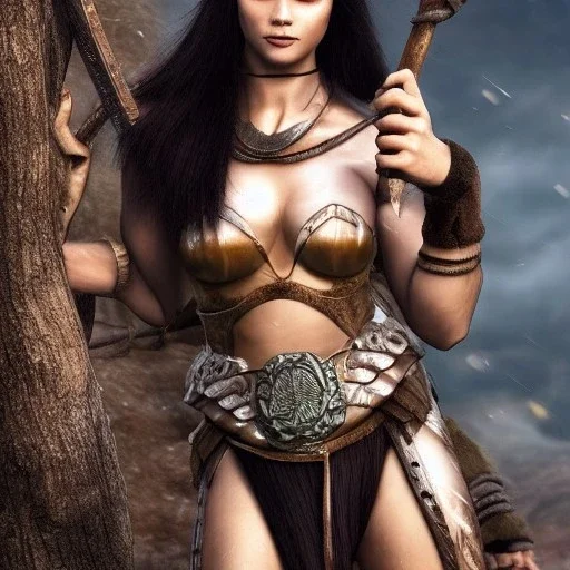 body amazon viking woman godess beauty forest snow black hair fighter