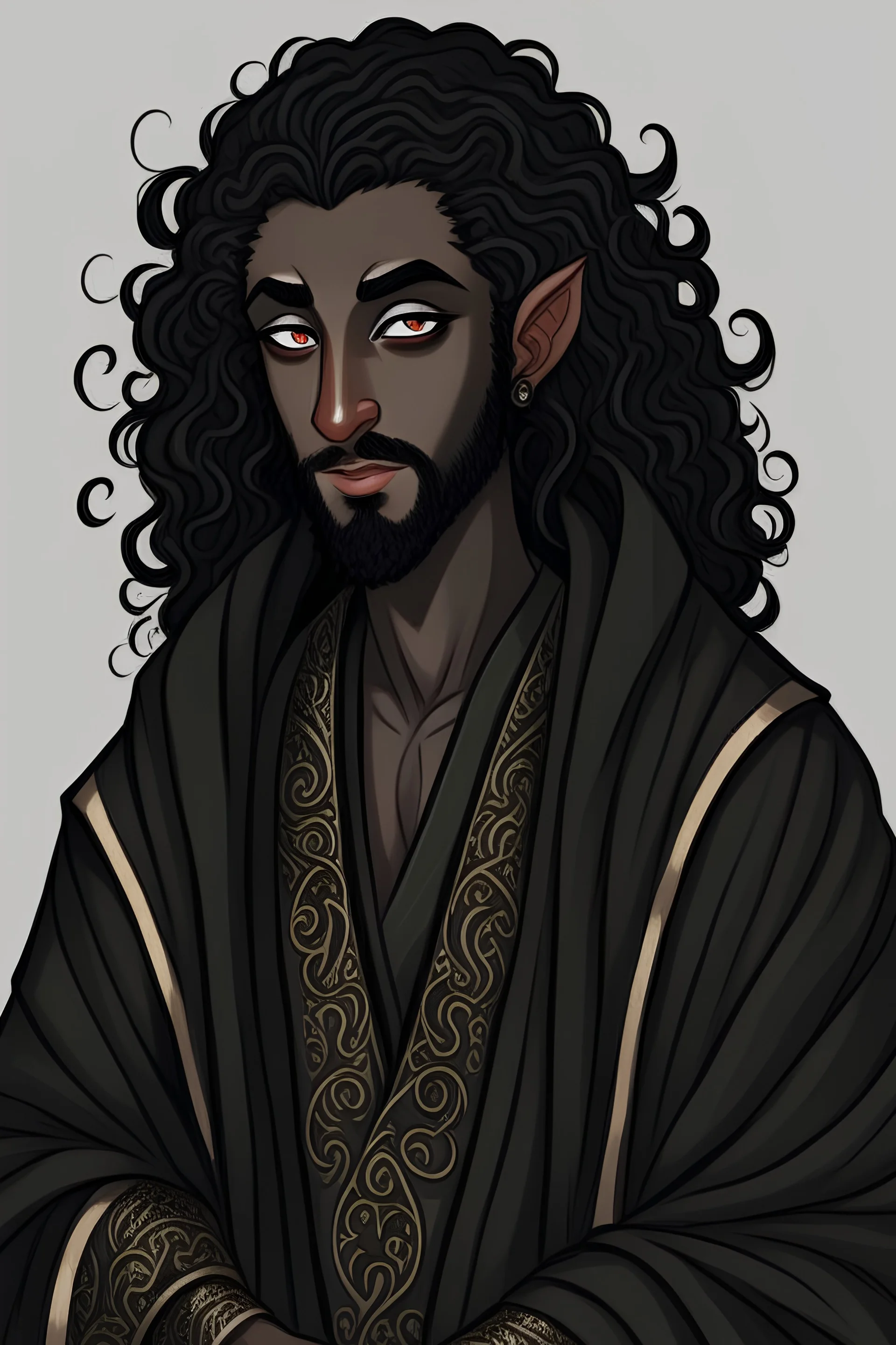 Black elf with pointy ears and black long curly hair with a beard and dark grey eyes wearing a zen monk robe