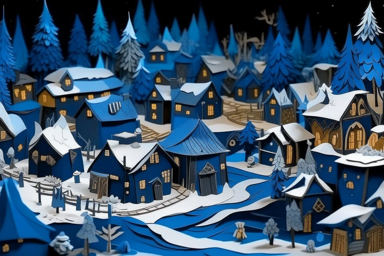 A dark blue snow covered Christmas themed Viking village designed in Japanese origami painted by Edvard Munch