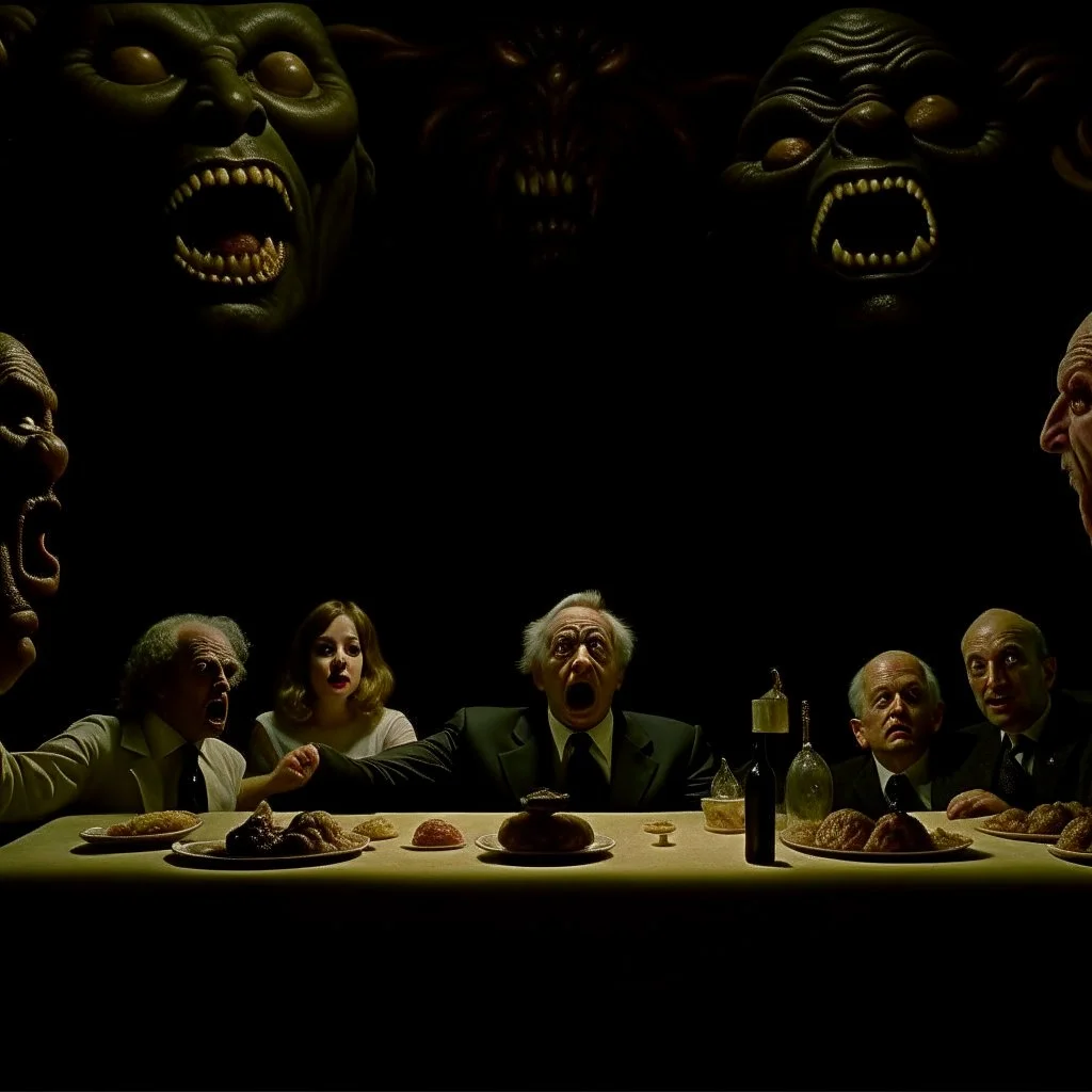 Spooky, ultra realistic distress, dining, ultra realistic skin, scare, giant, wall, beast, anguish, excited and lively scene, hypermaximalist figures, Creepy the Ring Alfred Hitchcock, Sam Raimi, insanely detailed, sinister, John Carpenter, Dario Argento, ornate